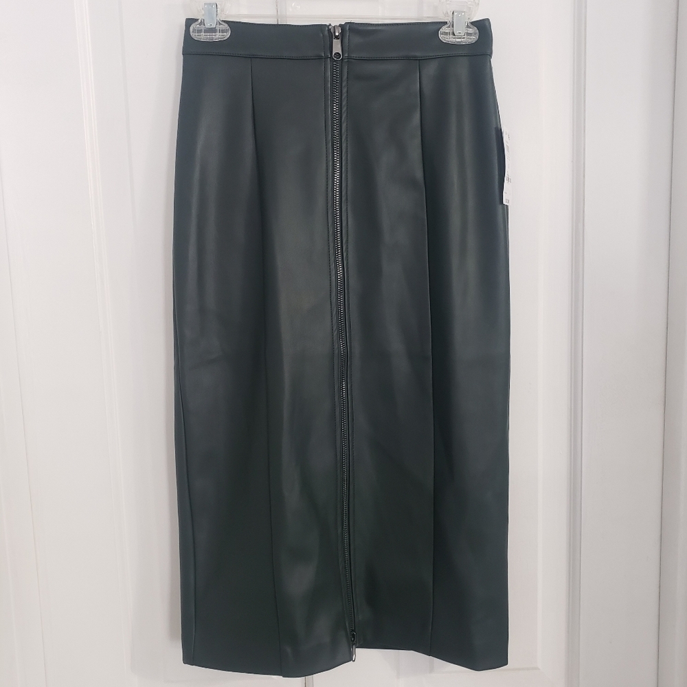 bar lll Womens Faux Leather Midi Skirt SZ 0 Pencil Full Zip Lined Career Green